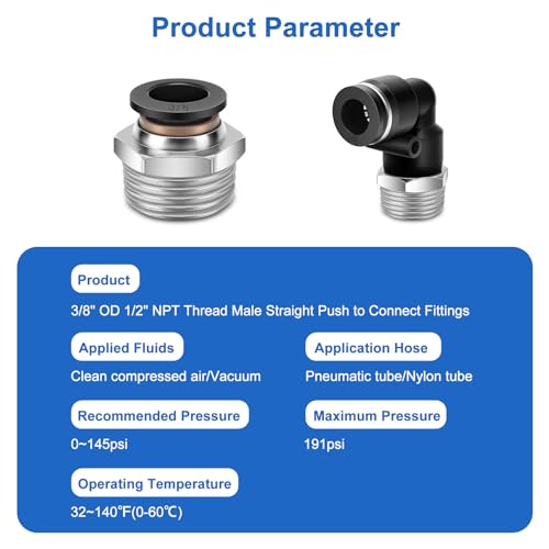 12 Pcs Push to Connect Fittings 3/8 Inch Tube OD x 1/2 Inch NPT Thread Pneumatic Male Straight and Elbow Quick Connect Air line fittings - size: 3/8"OD x 1/2"NPT