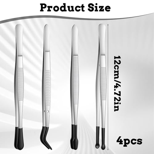 4 Pieces Rubber Tipped Tweezers PVC Rubber Coated Tip Bent and Straight Flat Tip Long Precision Tweezer for Crafts Lab Stamps Beads Hobby Jewelry Crafts Scrapbooking Tools (Black)