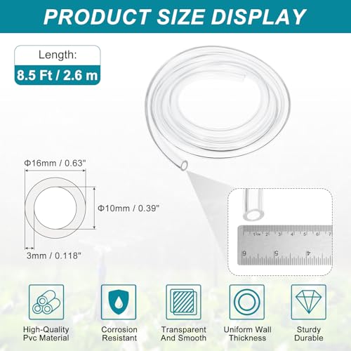 uxcell Clear PVC Tubing, 10mm ID x 16mm OD - 8.5ft PVC Tube Lightweight Vinyl Hose, Transparent Flexible Plastic Water Tubing for Air Oil Water Transfer Aquarium Irrigation - size: 10mm ID x 16mm OD