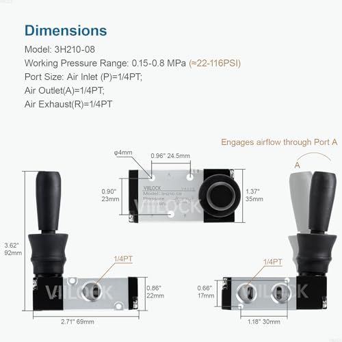 Pneumatic Air Hand Lever Valve, 3 Way 2 Position 1/4”NPT Solenoid Valve Manual Control Direct Driving Type Push-Pull 3H210-08 - size: 1/4"NPT, style: 3 Way 2 Position