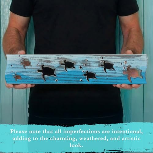 Sea Turtle Driftwood Wall Art & DIY Key Holder – Handmade Coastal Home Decor – 17.5" Genuine Weathered Wood Plank with 5 Removable Hooks for Keys, Leashes, and Jewelry – Beach House Entryway Organizer (Turtle Bay) - style: Turtle Bay