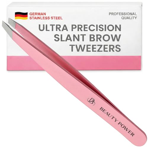 Beauty Power Tweezers for Women Facial Hair: Ultra Precision Tweezers for Women & Men, Sharp Slant Tweezer for Eyebrows, Ingrown Hair Removal. Professional Plucker, German Stainless Steel (Pink) - color: Pink