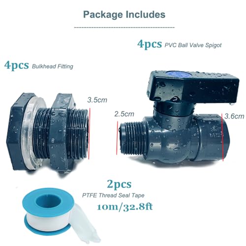 Rain Barrel Spigot Kit with Hole Saw 4 Pcs PVC Bulkhead Fitting, Ball Valve, Garden Hose Male Threaded Adapter, Barb Adapter, Thread Seal Tape (3/4 Inch)