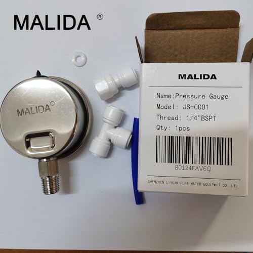 Malida Stainless Water Pressure Test Gauge, Water Pressure Detector for Aquarium Meter 0-1.6MPa 0-220psi Reverse Osmosis System Pump with 1/4.