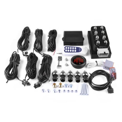 12V Solenoid Valve Air Ride Suspension manifold 8-Valve With 10-Button Wireless Remote Controller, equipped with Five Display Air Pressure Gauge Red - color: Red Gauge