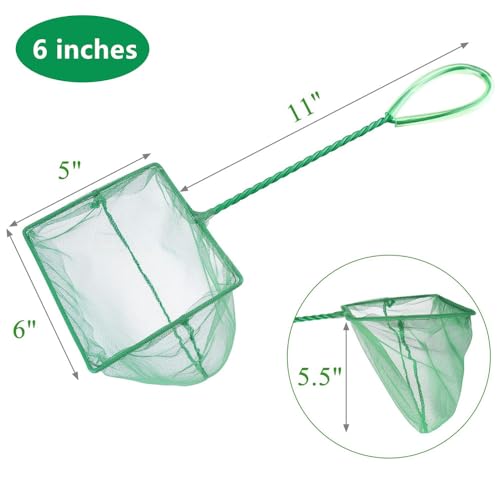 Lpraer 4in 5in 6in Aquarium Fish Net Green Fine Mesh Nylon Net Collection with 11" Long Handle Square Quick Catch Fish Net for Fish Tank - color: Green, size: 6PCS 4，5，6"