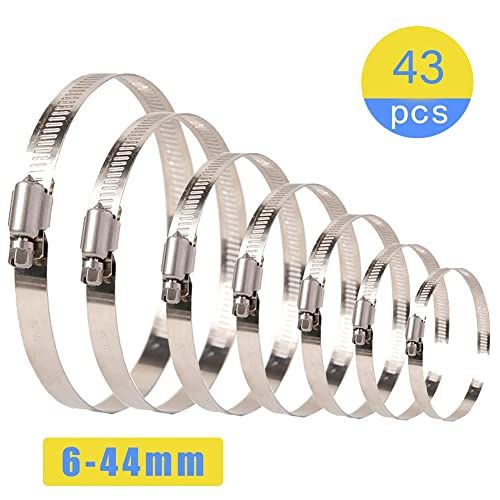 Quickun 43Pcs Stainless Steel Hose Clamp Assortment Kit Adjustable 0.25"-1.8"(6-45mm) Range, Fuel Line Clamp for Water Pipe, Hose Clips, Automative and Mechanical Application - size: Kit:0.25"-1.80"