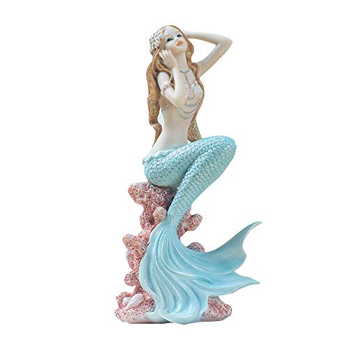 Rayberro Blue Mermaid Figurines 7.28" Resin Mermaid Sculpture Mediterranean Princess Ornaments Home Office Desktop Bookshelf Mermaid Collectible Figurines Crafts Fish Tank Aquarium Decoration - color: Blue Look Up, size: 7.28x3.93x2.75inch