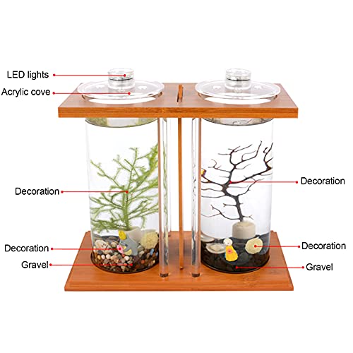 Dual Chamber Bamboo Desktop Aquarium - Mini Betta Fish Tank with LED Light, 360° View Glass Tanks for Goldfish or Small Fish, Home Office Decor