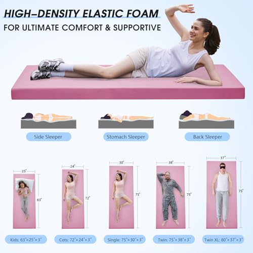 CYMULA 3 Inch Memory Foam Camping Pad, Camping Essentials Roll Up Floor Mat for Car Camping, Cot, Tent, Truck, Travel and Guest Use, Non-Slip Waterproof Bottom, Removable Cover - color: PINK, size: Small Cot:63*25*3