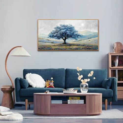 ZUITINGHUA Large Wood Framed Wall Decor For Living Room Canvas Wall Art For Office Modern Wall Decorations For Bedroom Blue Tree Landscape Painting Farmhouse Pictures Artwork Home Decor 24x48 In - color: Blue Tree Wood Framed, size: 48"L x 24"W