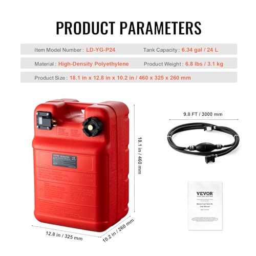VEVOR Marine Tank, 6.34-Gallon/24-L Portable Tank with 9.8ft Hose, Gauge for Outboard Engine, Yacht, Fishing, Deck Boat, Red