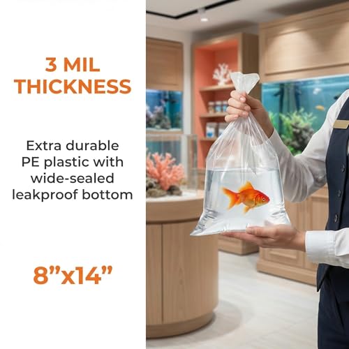 Jucoan 100 Pack 8" x 14" Clear Plastic Fish Bags, 3 Mil Extra Thick Leak-Proof Live Fish Shipping Bags Aquarium Transport Bag for Shrimps and Betta Fish