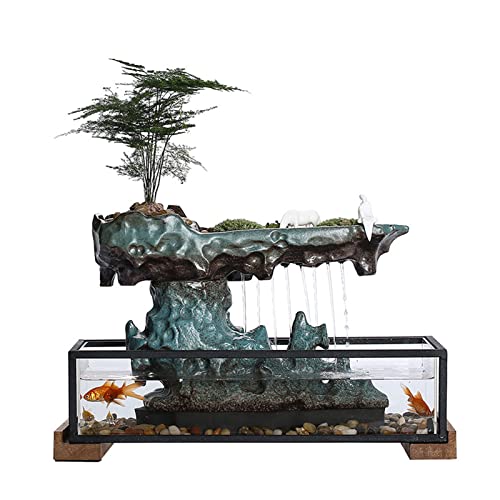 Tabletop Water Fountains Indoor Waterfall Fountain Desktop Water Ornament with Rockery, Aquariums and Stones for Office Home Decor, 16.9x8x8.1 in