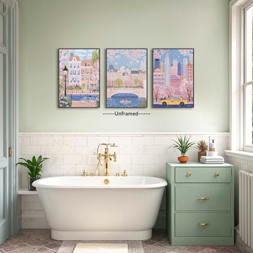 XLARTMY Watercolor City Landscape Travel Wall Art Canvas Framed Pink Cherry Flower Poster Girly Prints Painting Pictures Set of 3 for Bedroom Living Room Office 16x24in Unframed - color: Watercolor City PB, size: 16x24in Poster