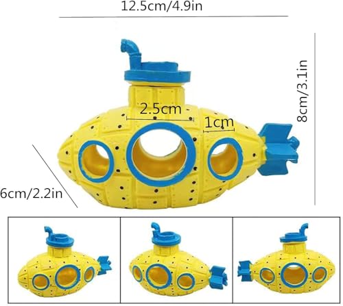Yellow Floating Submarine Ornament for Fish Tank - Cute Retro Style Resin Decor, Safe Tankmate Toy for Betta, Cichlids, Goldfish, Shrimp, Hermit Crabs, Aquarium Accessory