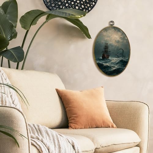 XFCICRLJ Coastal Beach Nautical Wall Art Decor, Dark Academia Nautical Aesthetic Oval Canvas Prints Framed, Moody Ocean Wall Art Decorations for Home Bedroom Living Room Decor, 11x8.5 Inch - color: Ocean