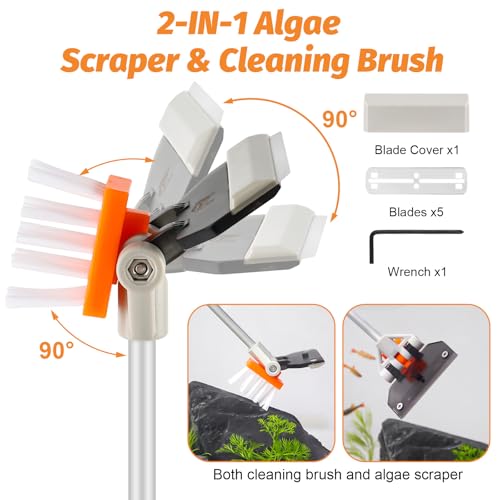 AQQA Aquarium Siphon Vacuum Cleaner Kit with 3 Replaceable Heads, Extra 2-in-1 Algae Scraper Cleaning Brush, Manually Siphon Ball Water Changer, Extendable Length to 38.2In for Fish Tank Cleaning (M)