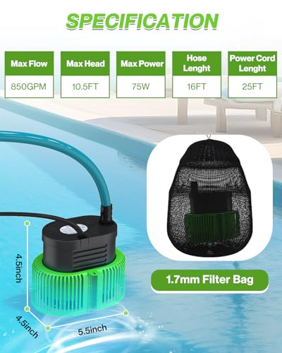 Pool Cover Pump above Ground - Submersible Water Sump Pump Swimming Water Removal Pumps, with Drainage Hose & 25 Feet Extra Long Power Cord, 850 GPH inGround, 3 Adapters - color: Green