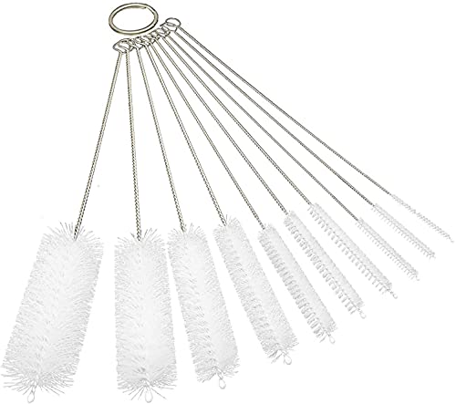 10" Lab Tube Cleaning Brush Set (10-Pack Master Kit) - Flexible Stainless Steel Handles & Multi-Size Nylon Bristles for Test Tubes, Bottles, Pipes, and Deep Detailing, White - color: White, size: 10pk - 2mm 3mm 4mm 5mm 6mm 8mm 12mm 16mm 20mm 24mm