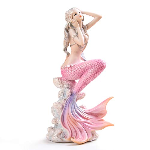 Rayberro Pink Mermaid Figurines 7.28" Resin Mermaid Sculpture Mediterranean Princess Ornaments Home Office Desktop Bookshelf Mermaid Collectible Figurines Crafts Fish Tank Aquarium Decoration - color: Pink Look Up, size: 7.28x3.93x2.75inch