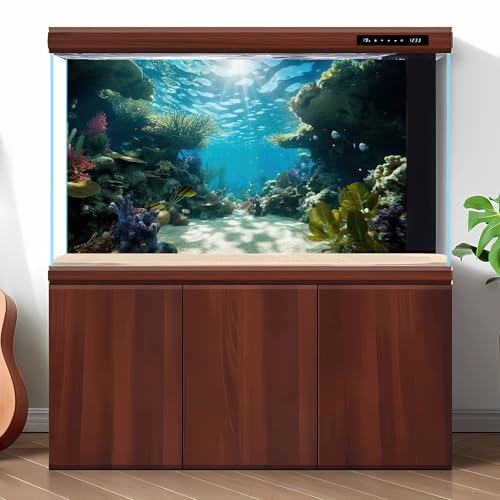 Under The Sea Fish Tank Background Deep Sea Coral Reef Aquarium Background Underwater Rock Cave Sunray Terrarium Backgrounds Tropical Fish Ocean Floor Aquarium Fish Tank Backgrounds Decor 30x12in - color: Green_Blue, size: 24(W)x12(H)inches/ 60(W)*30cm(H)