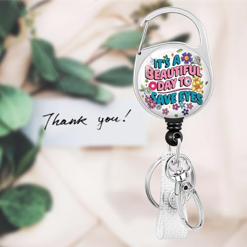 Funny Optometry Badge Reel, Retractable ID Badge Holder Heavy Duty with 360°Swivel Carabiner Belt Clip for Optometrist Eye Doctor Vision, Optometry Student Graduation Gifts - color: Beautiful Day