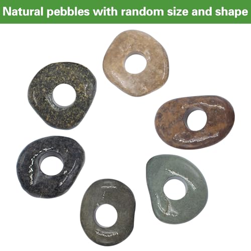 6 Pcs Natural River Stone Plant Weights for Fish Tank, Pebble Aquatic Plants Fixed Ring, Unique Anti-Floating Decorative River Rock Anchors for Aquarium Landscape Decoration (0.79'' Hole Diameter)