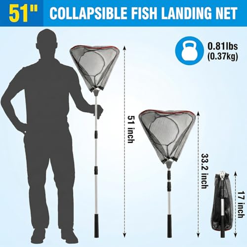 2 Pack Fishing Net with Telescopic Pole Handle, Fish Landing Net with Sturdy Collapsible Handle, Folding Nylon Mesh Landing Net for Saltwater and Freshwater, Extend to 51 in(Black, White)
