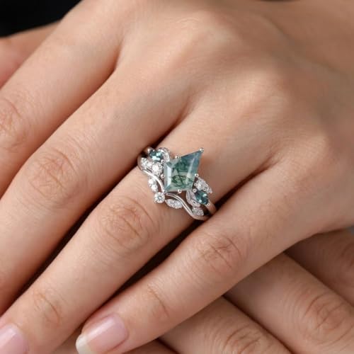 Natural Moss Agate Engagement Ring Set for Women, Unique Genuine Moss Agate Ring, 925 Sterling Silver 10K 14K 18K Solid Gold Nature Inspired Bridal Set, Boho Wedding Jewelry Gift - color: One