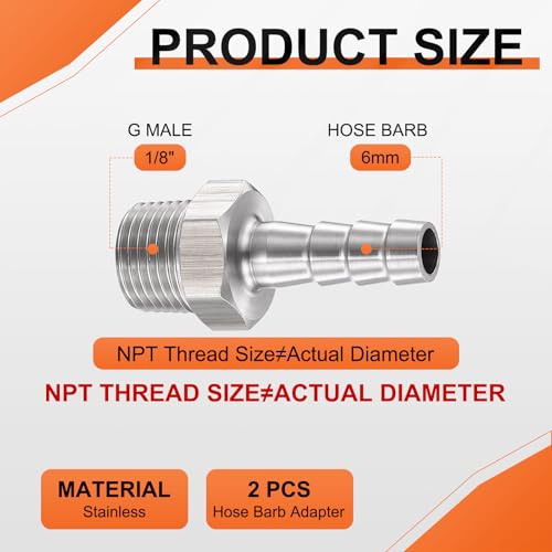 2 Pack Stainless Steel Hose Barb to g Male Adapter, 6mm Barb x 1/8" g Male for Industrial, Automotive, Fluid Transfer, Home Gardening, and Water Treatment - size: 6mm Barb To 1/8" G Male