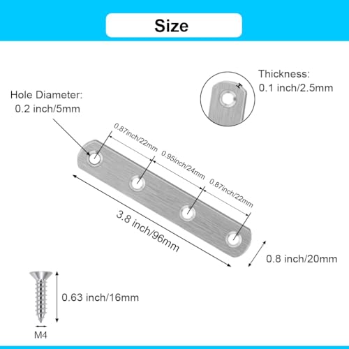 20PCS Heavy Duty Straight Brace 4 Inch Flat Brackets Stainless Steel Mending Plates, Repair Fixing Joining Metal Bracket for Wood with Screws - size: Silver 4" x 0.8"