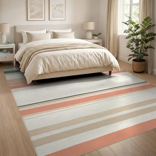 8'x10' Washable Modern Stripe Area Rug, Beige Foldable Oversized Carpet for Living Room, Under Sectional, Family Room, Non-Slip Flatwoven Floor Covering | Ref:1993948 - color: Beige/Pattern 22, size: 8' x 10' (Rectangular)