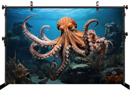 10x8ft Octopus Backdrop Underwater Coral Reef Blue Ocean Background for Marine Themed Party Birthday Aquarium Event Halloween Decor Photo Studio Booth Props Banner Wallpapers - size: 10x8FT