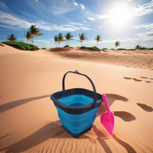 SAMMART Collapsible Plastic Bucket - Foldable Tub - Portable Fishing Water Pail - Space Saving Outdoor Waterpot (Grey/Ocean Blue, 5.5L Square)