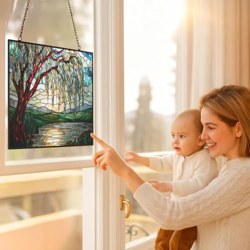 Art Nouveau Willow Pond Tree Stained Glass Window Hanging, Colorful Sun Catchers Glass Panel Rectangle Suncatcher Decor for Birthday for Women, Men, Wife, Aunt, and Mom 15"x11" - color: Art Nouveau Willow Pond Tree 2, size: 15x11 IN