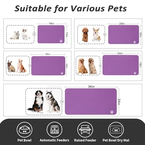 HotLive Dog Food Mat - Absorbent Cat Mat for Food and Water, No Stains Pet Feeding Bowl Mat, Easy to Clean Pet Placemats, Quick Dry Dog Water Dispenser Mat for Messy Drinkers | Paw Purple 12"x 19" - color: Paw Purple, size: 12"x19"