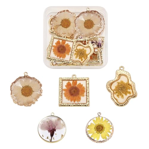Transparent Flower Resin Charms Round Gold Edge Dried Floral Pendants Flat Round Clear Gold Foil Floral Charms for Necklace Bookmark Keychain Jewelry Making - color: Flower-10