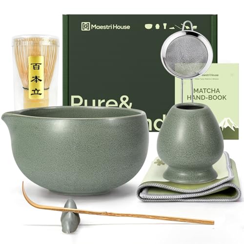Maestri House Matcha Whisk Set, 7-Pc Complete Matcha Kit with Spouted Ceramic Bowl, Bamboo Whisk and Holder, Scoop, Spoon Rest & Sifter, Tea Cloth – Ideal Gift for Matcha Lovers (Moss-Green) - color: Moss-Green