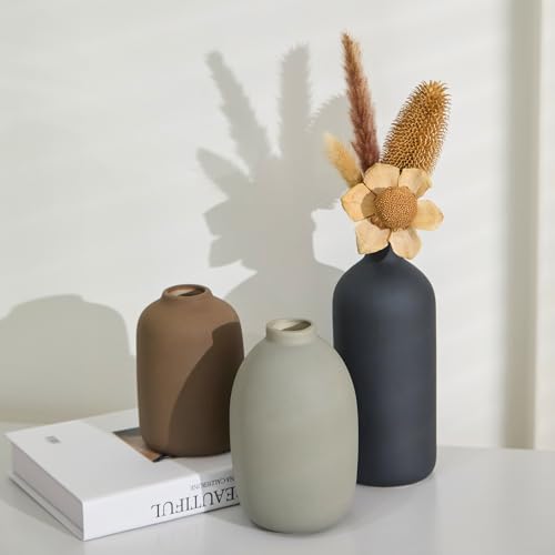 Ceramic Vase Set of 3,Neutral Modern Vases for Bouquet Pampas Grass Dried Fresh Flowers,Rustic Home Decor for Living Room,Bedroom Entryway - color: Neutral Set of 3