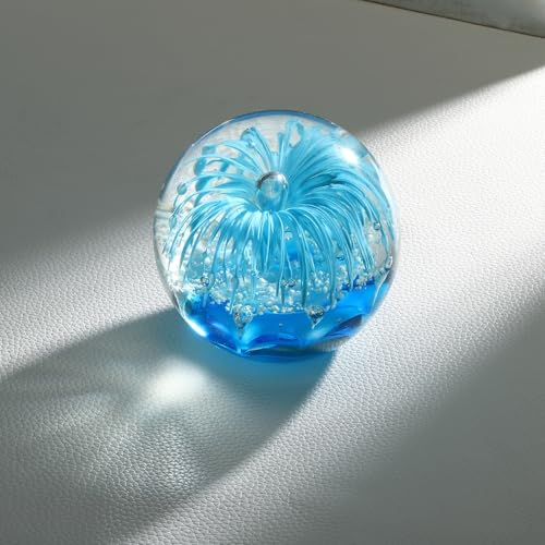 PATIKIL Glass Paperweight, 3.5'' Blown Glass Decor Crystal Ball Rainbow Light Effect Desktop Decor Fish Tank Ornament Unique Handmade Art Ocean Sculpture for Home Office, Blue - color: Blue