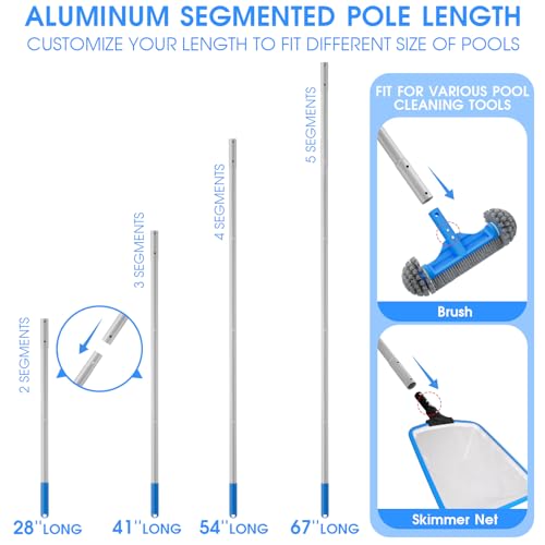 TidyMister 3PCS Cleaning Kit - 12.5'' Brush With Round End & 11'' Skimmer Net Fine Mesh & 5.7 Feet Thick Aluminum Pole 5-Segment, for Above Ground & Inground Pools Ponds - size: 11inch with 5.7ft pole
