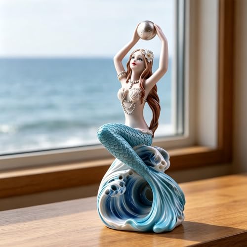 Rayberro 7.48" Mermaid Figurine Resin Mermaid Sculpture Mediterranean Princess Statue Home Office Desktop Ornaments Bookshelf Decor Mermaid Collectible Crafts Fish Tank Aquarium Decoration - color: Blue Hold Pearl