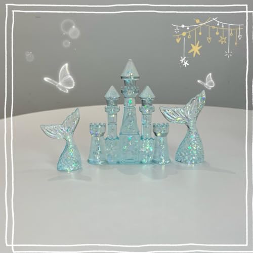 Aquarium Castle Decor with Mermaid Tails – 3-Piece Fish Tank Decoration Set for Betta, Goldfish, Terrarium or Desktop (Blue – Castle with Mermaid Tails)
