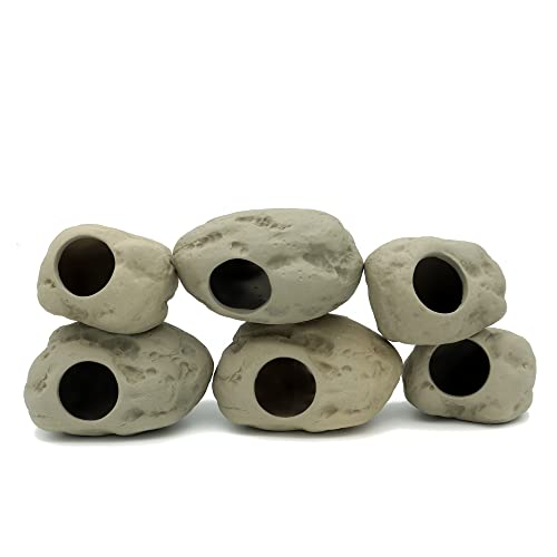 Aquarium Decoration Rock Caves for Fish Tank, Ceramic Betta Fish Tank Accessories Hideout, Cichlid Stackable Cave Hiding (3 Small & 3 Medium)