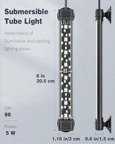 Pawfly 5 W Aquarium LED Light 8 Inch 24/7 Fish Tank Light with Full Spectrum Brilliant White Blue Red Green Lights Multi-Colored LEDs with D/N Mode Single Color Effects Timer and Adjustable Brightness - color: Basic, size: 8 Inch for 8 to 15 Inch Tank