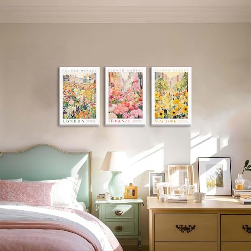 XLARTMY Flower Market Wall Art Print Canvas Framed Yellow Pink Floral Paintings Colorful Botanical Sunflower Artwork Travel Poster for Decor Picture 3 pieces for Living Room Bedroom Bathroom 16x24in - color: Flower Market-2, size: 16x24in Canvas