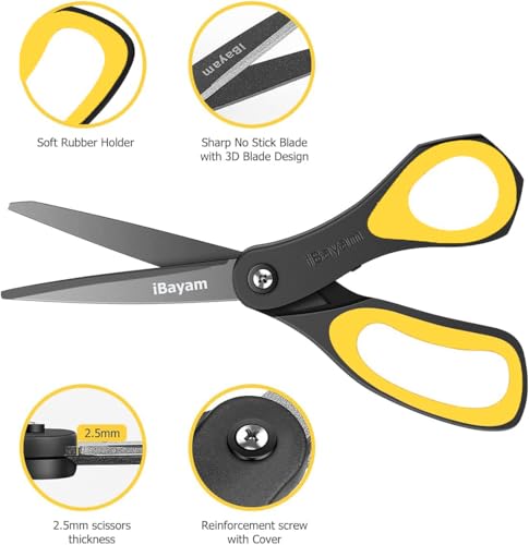 Scissors, iBayam 3 Pack 8" All Purpose Nonstick Scissors, 2.5MM Thickness Titanium Blades with Comfort Grip, Heavy Duty Shears for Office School Home Classroom General Use Art and Craft DIY Supplies - color: Yellow, Blue, Red, size: 3-Pack