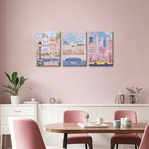 XLARTMY Watercolor City Landscape Travel Wall Art Canvas Framed Pink Cherry Flower Poster Girly Prints Painting Pictures Set of 3 for Bedroom Living Room Office 16x24in - color: Watercolor City PB, size: 16x24in Canvas