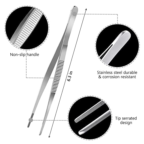 6.3 Inch Food Tweezers Stainless Steel with Precision Serrated Tips, 5PCS Kitchen Tweezers Set for Cooking, Baking, Cookie Cake Decoration, Metal Plating Tweezers - size: 6.3 in 5 PCS